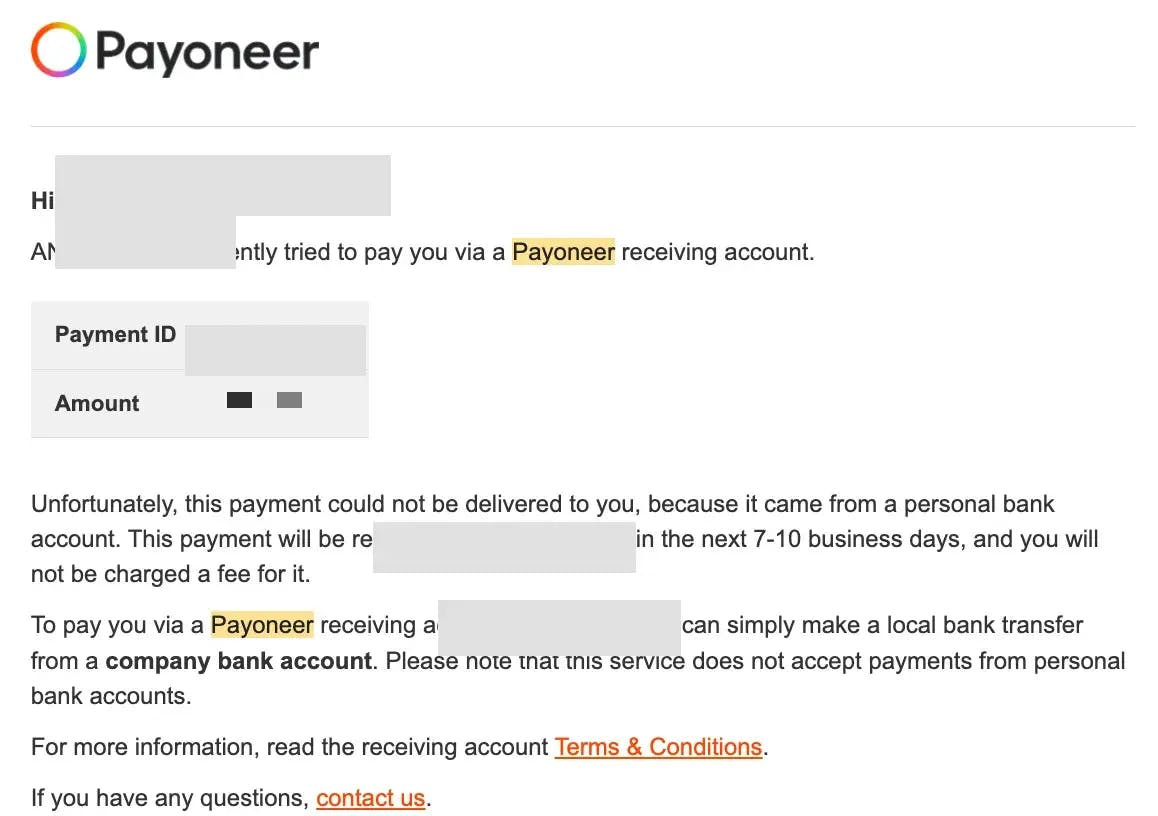 Payment rejected because it came from a personal bank account