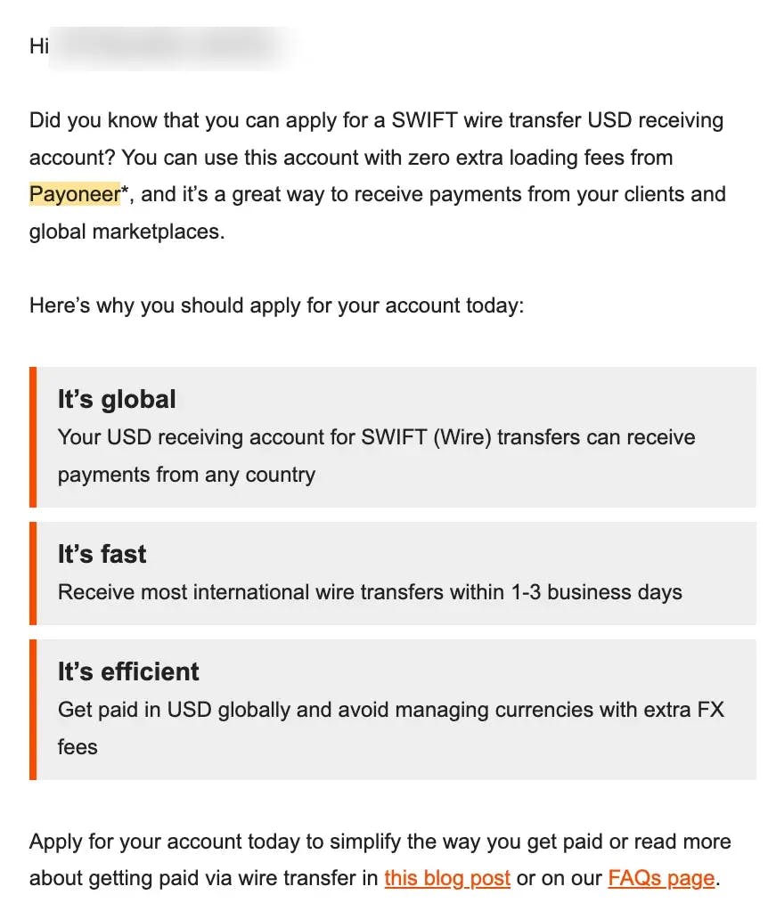SWIFT USD receiving account for global wire transfers