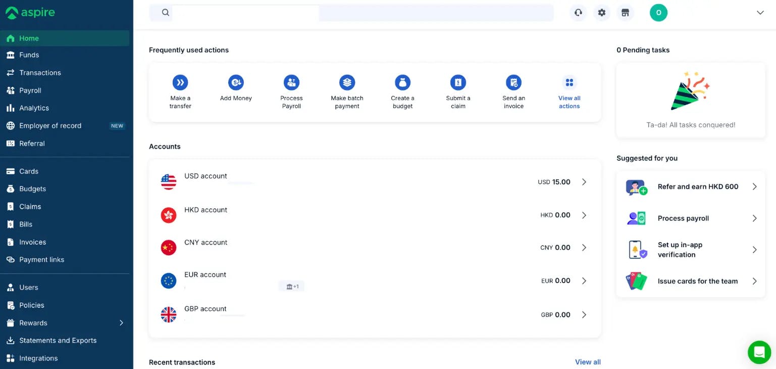 Aspire business account dashboard showing multi-currency accounts