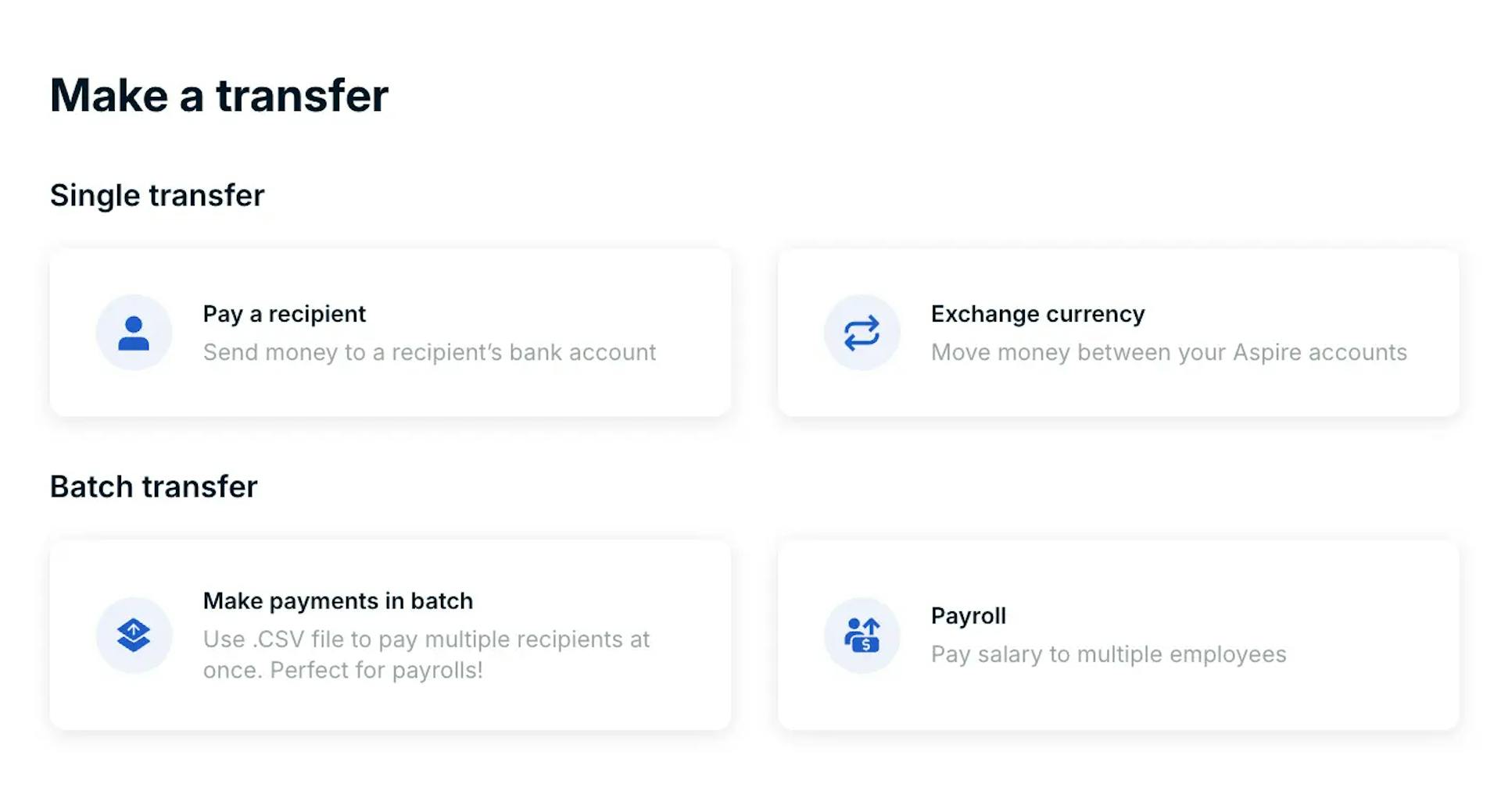 Aspire transfer interface with single and batch payment options