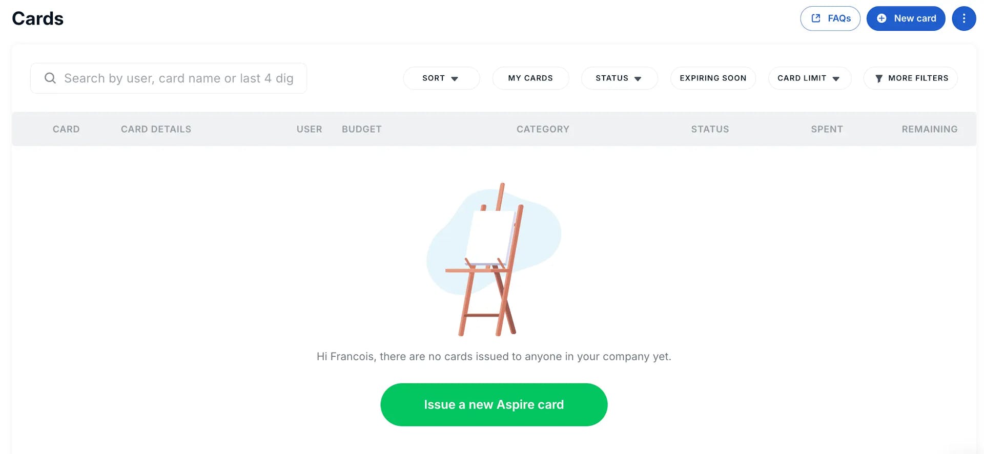 Aspire corporate cards dashboard with spending controls