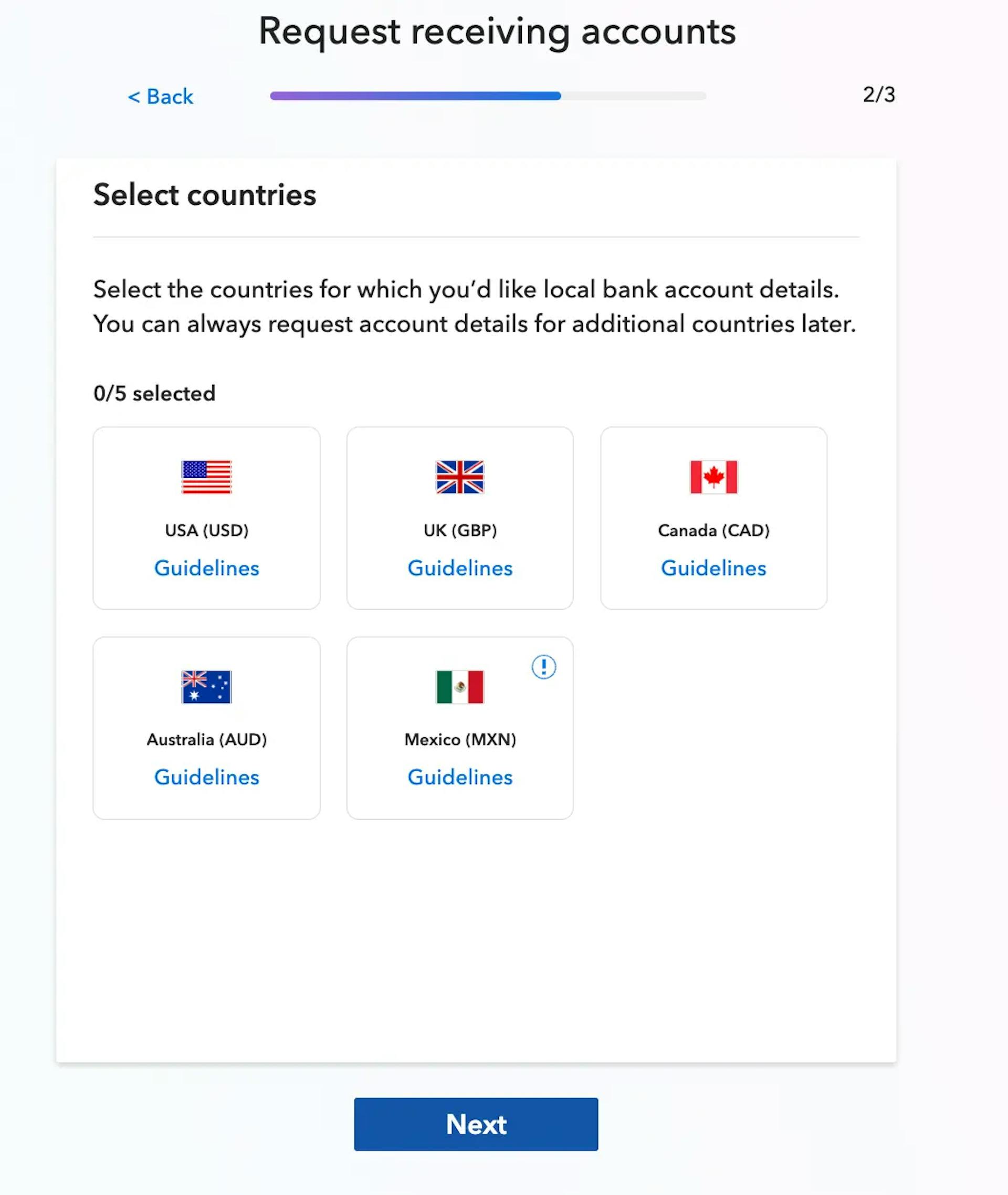 Payoneer receiving accounts selection showing USD EUR GBP CAD AUD MXN local bank details