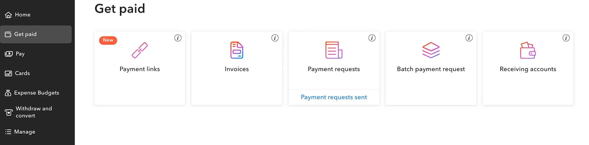 Payoneer Get Paid menu showing Payment Links Invoices Payment Requests and Receiving Accounts options