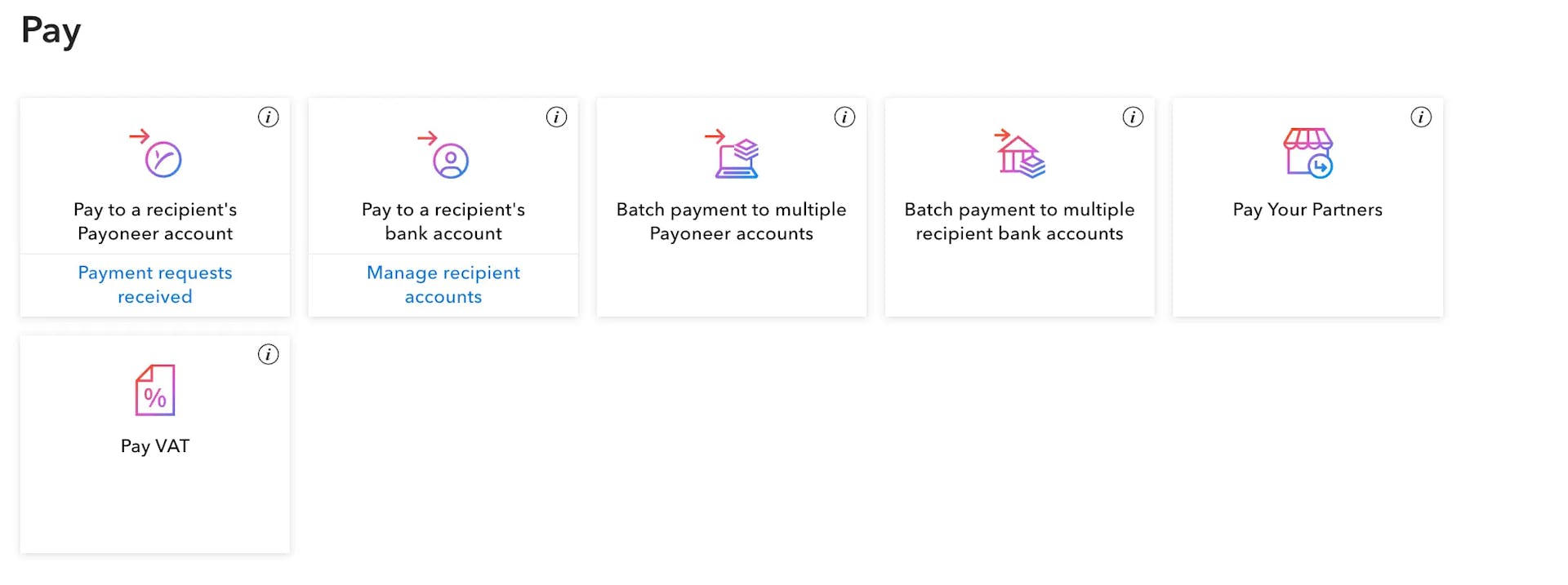 Payoneer Pay section showing options to pay Payoneer accounts bank accounts batch payments and VAT