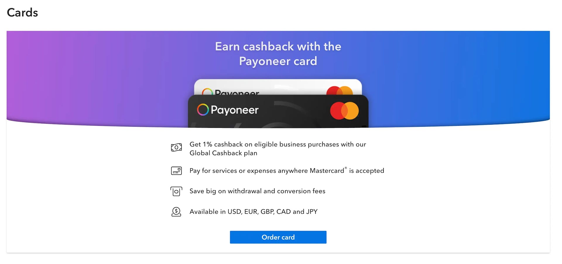 Payoneer Mastercard physical and virtual card with 1 percent cashback USD EUR GBP CAD JPY currencies