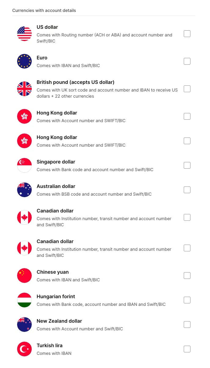 Wise Business account currencies with local account details showing USD, EUR, GBP, HKD, SGD, AUD, CAD, CNY, HUF, NZD, and TRY with their routing and SWIFT details