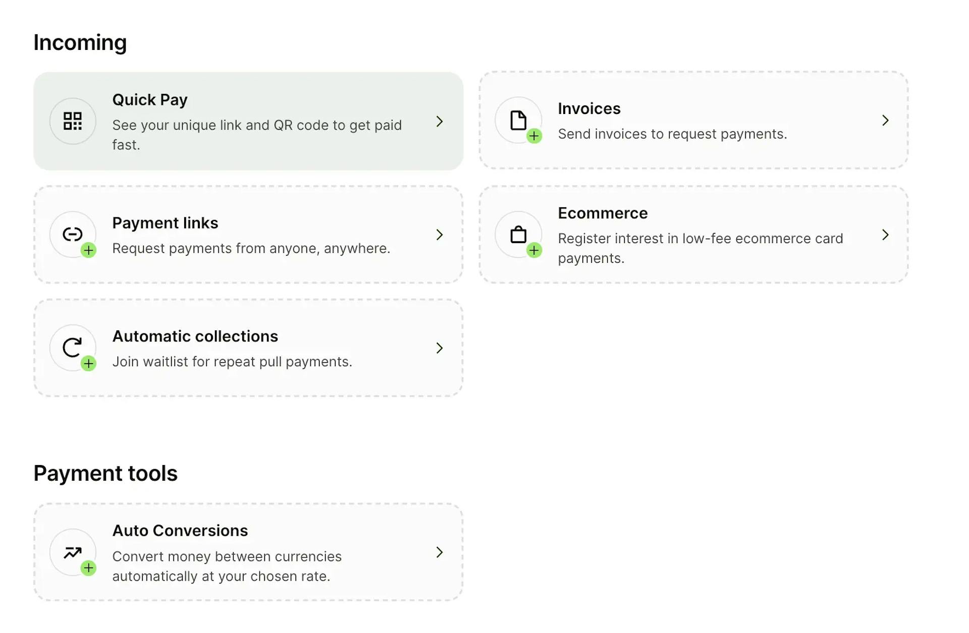 Wise Business account incoming payment features showing Quick Pay, invoices, payment links, ecommerce, automatic collections, and auto conversions