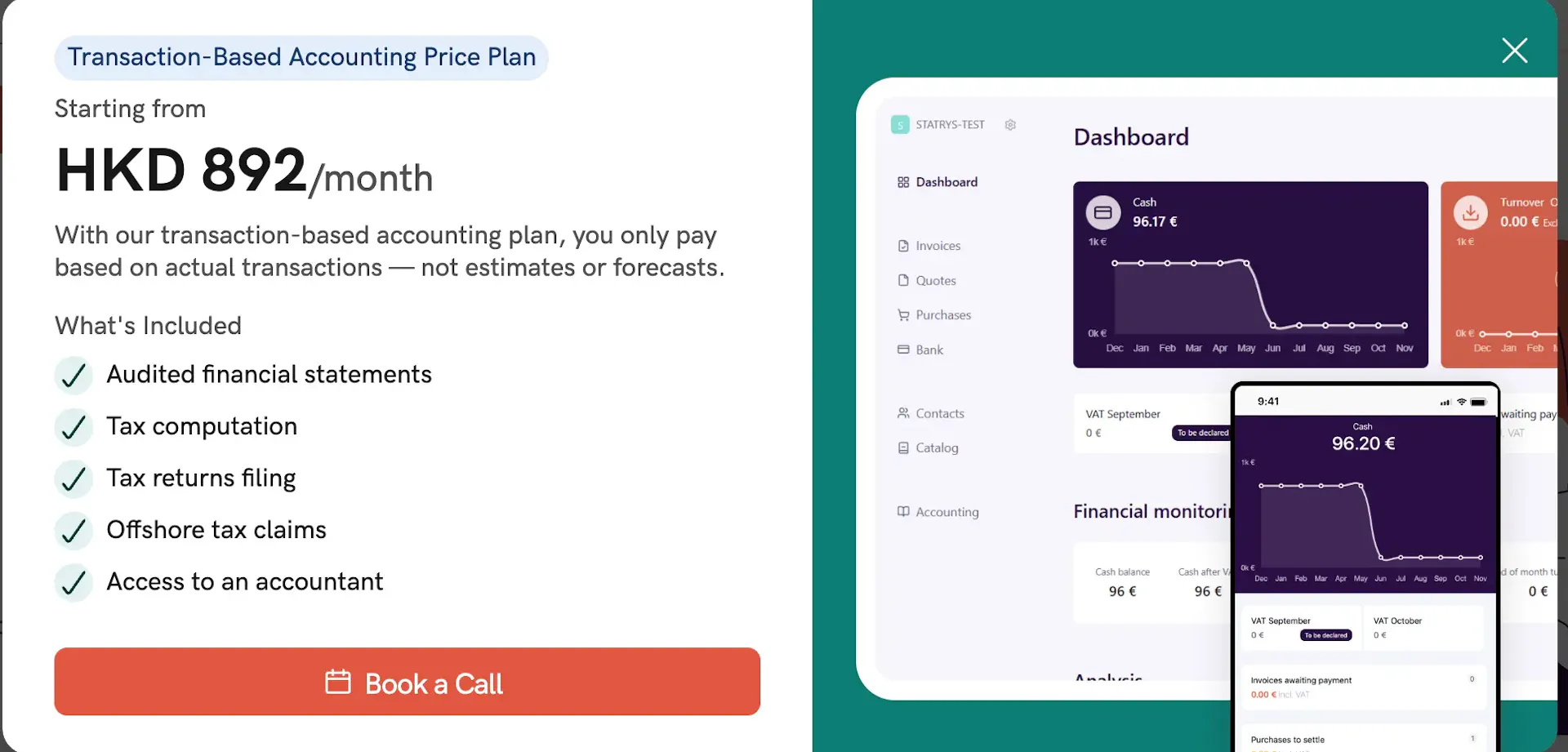 Statrys Transaction-Based Accounting Price Plan starting from HKD 892 per month with included services