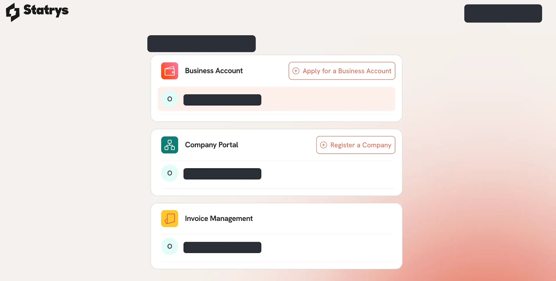 Statrys portal dashboard showing Business Account, Company Portal and Invoice Management modules