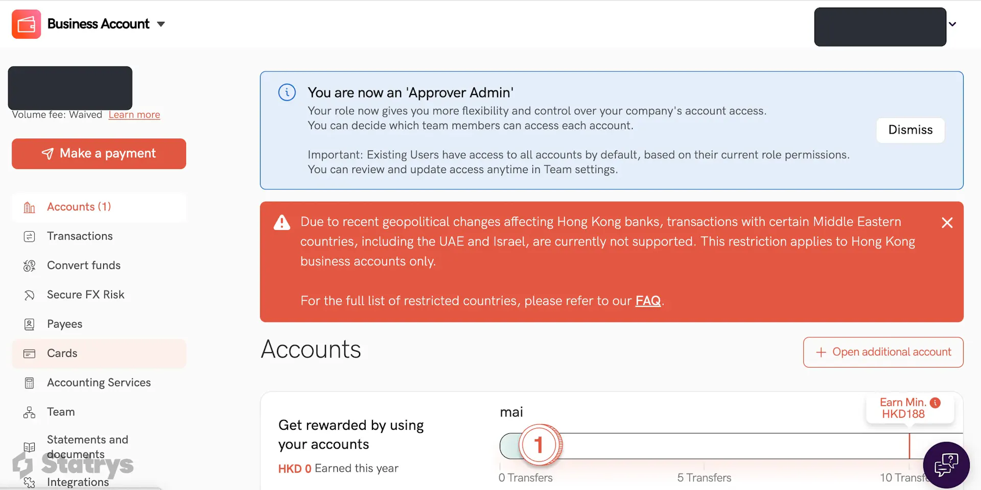 Statrys Business Account dashboard with Middle East restriction banner and Accounts navigation