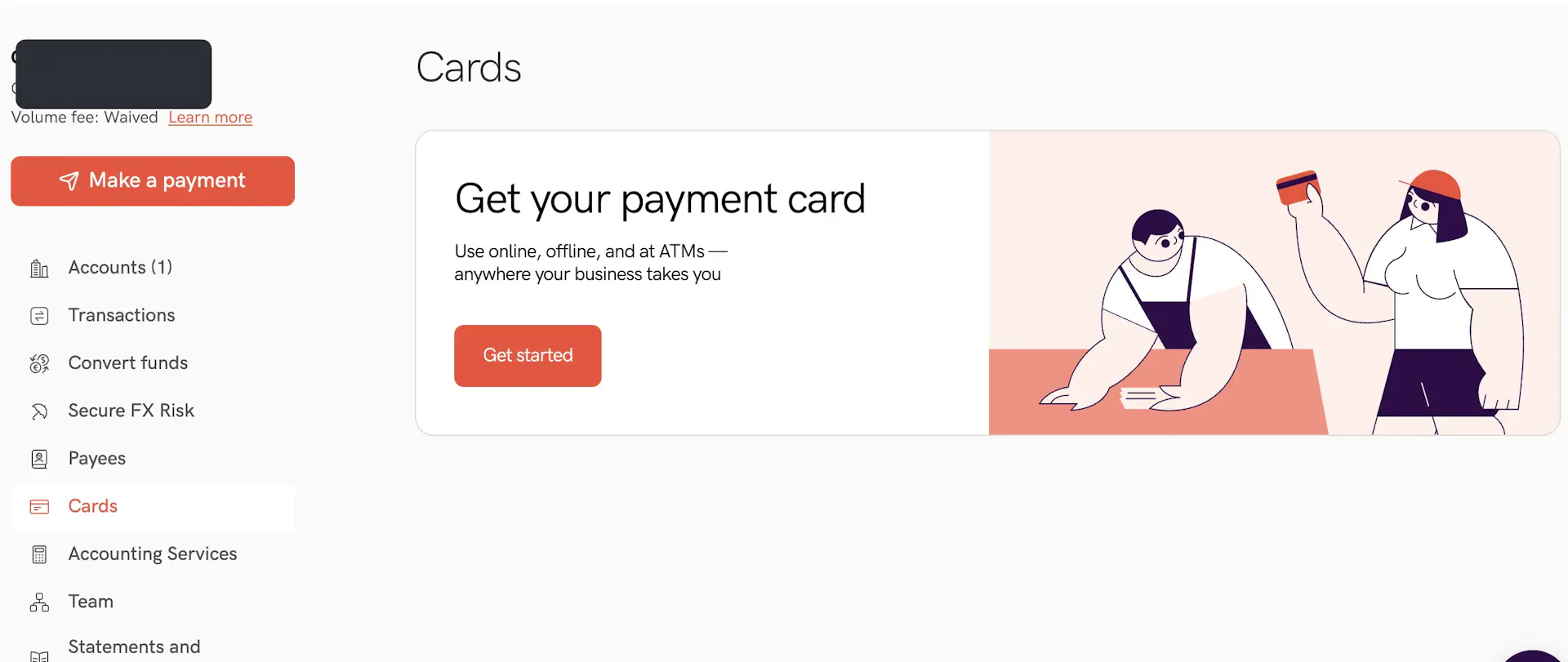 Statrys Cards section with the Get your payment card call to action