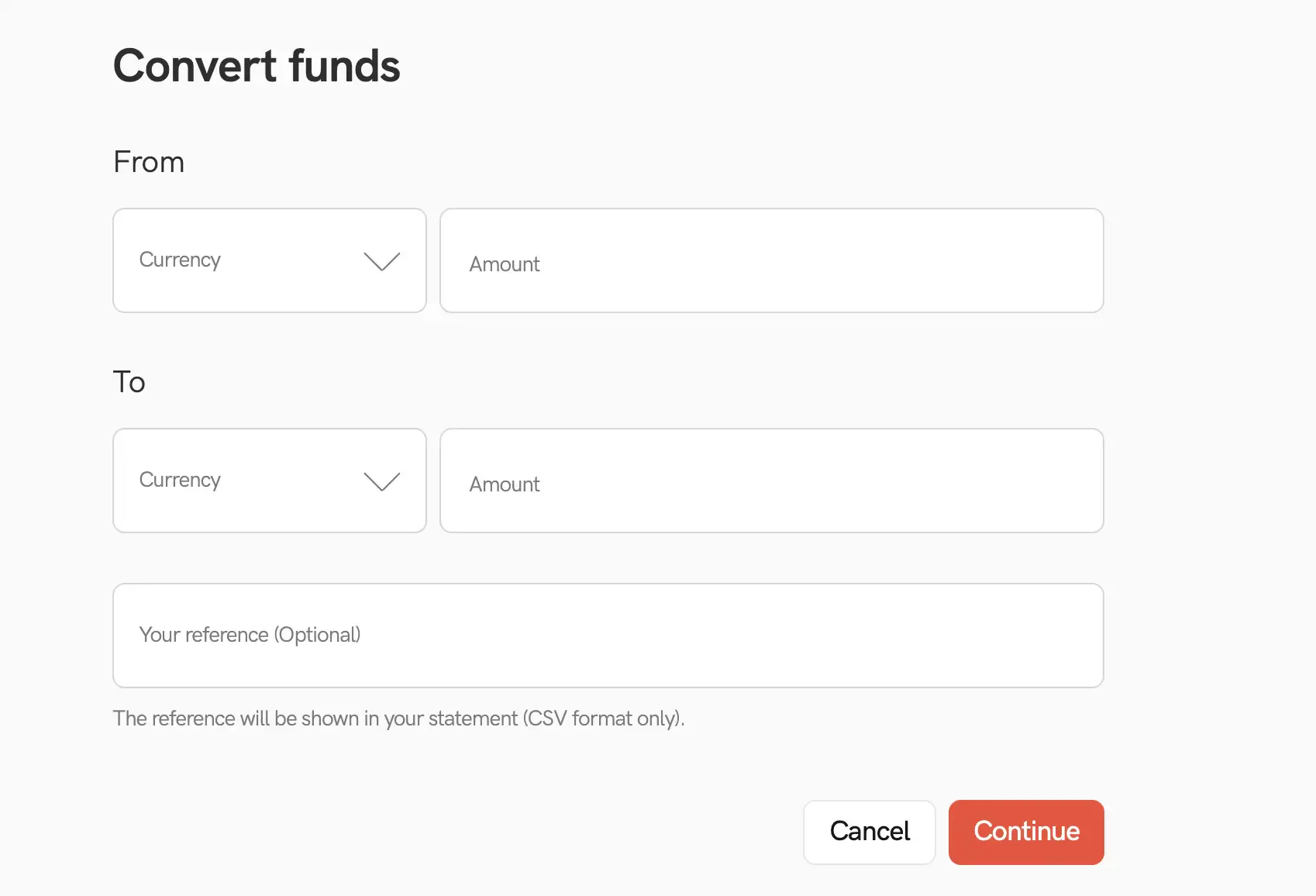 Statrys Convert funds interface for currency conversion between supported currencies