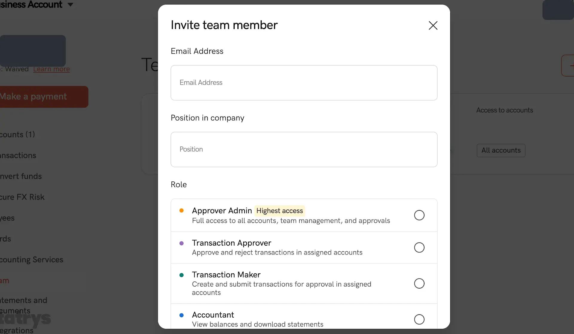 Statrys Invite team member dialog showing Approver Admin, Transaction Approver, Transaction Maker and Accountant roles