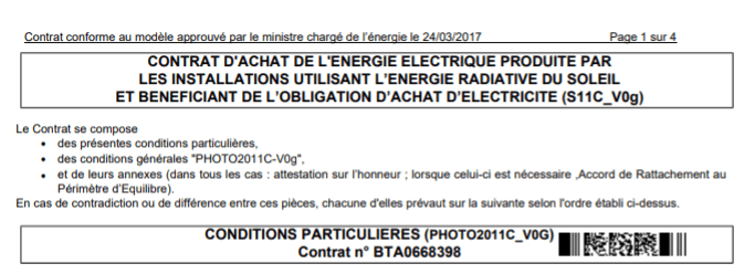 Contrat d'achat de l'énergie électrique produite par les installations utilisant l'énergie radiative du soleil et bénéficiant de l'obligation d'achat d'électricité