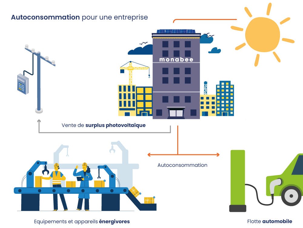 Schéma panneaux solaires autoconsommation entreprise - Monabee entreprise panneaux photovoltaïques