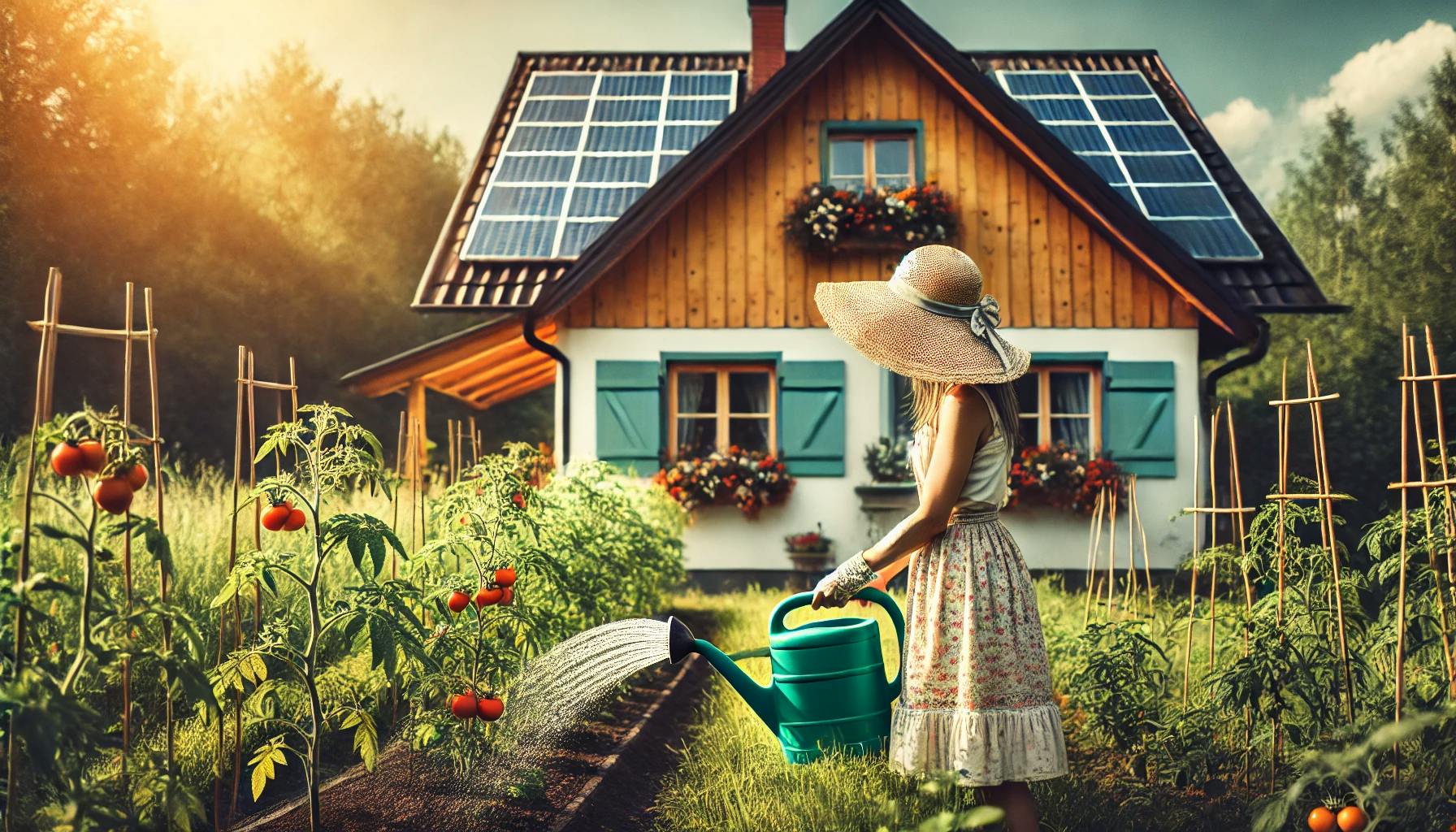 femme qui arrose ses plants de tomates - maison panneaux solaires - IA