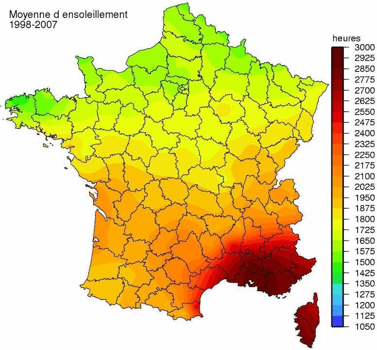 Carte ensoleillement en France (source : Cartesfrance.fr)