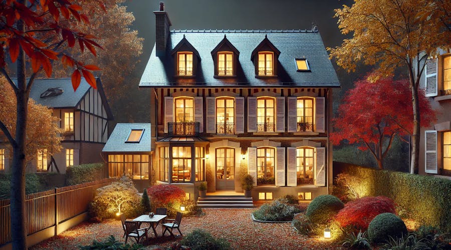 maison, nuit, illuminée