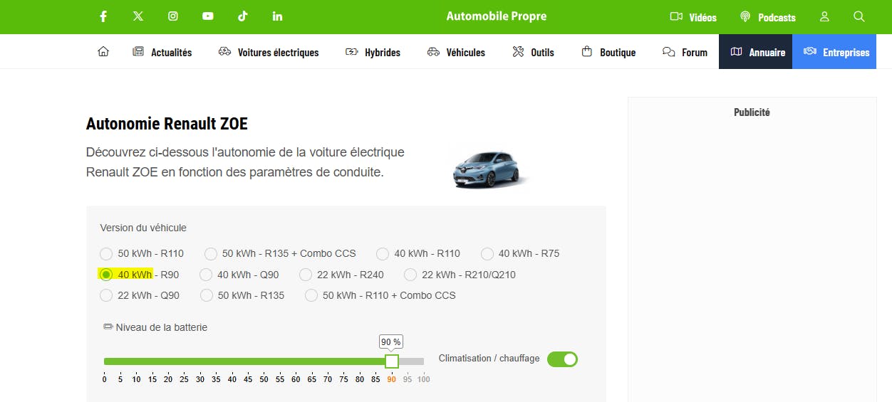 Simulateur autonomie Renault Zoe