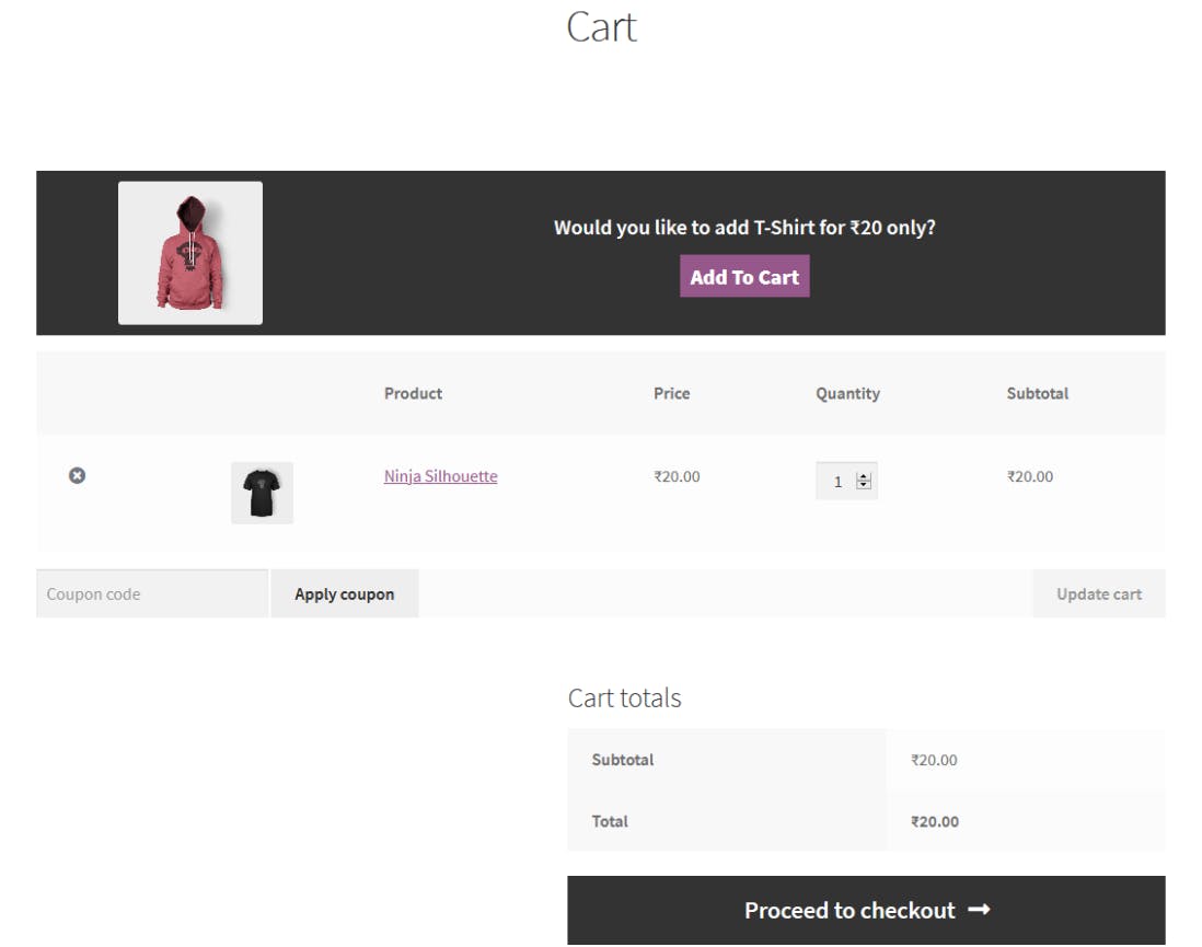 Screenshot of WooCommerce cart upsell feature 