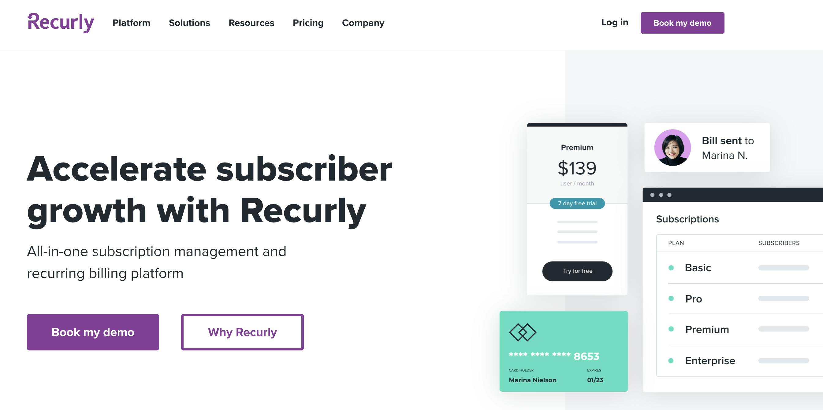 Screenshot of Recurly's homepage 