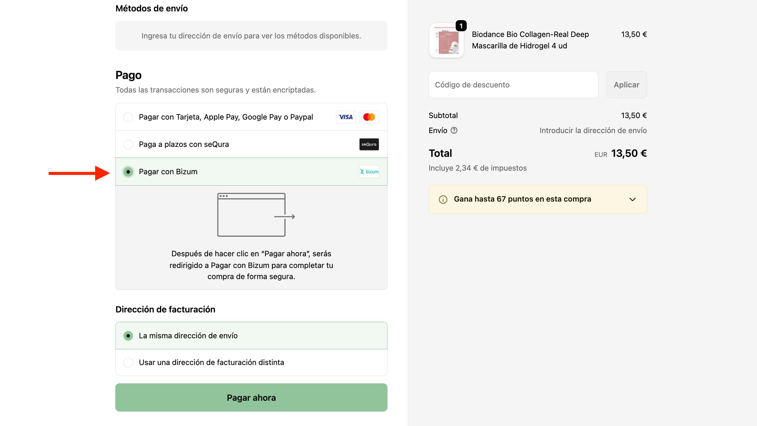 Farma2go pantalla de pago Bizum