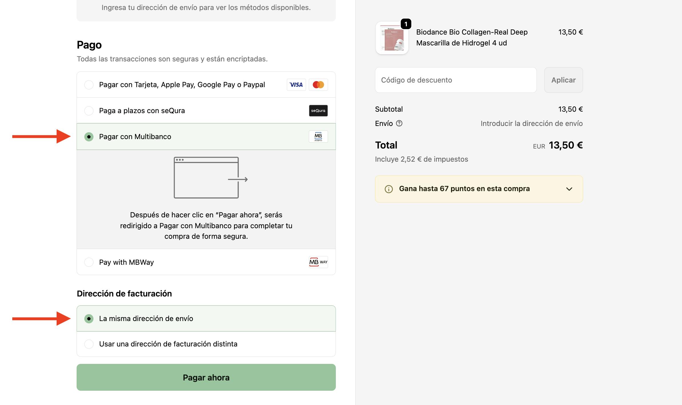 Farma2go pantalla de pago Multibanco