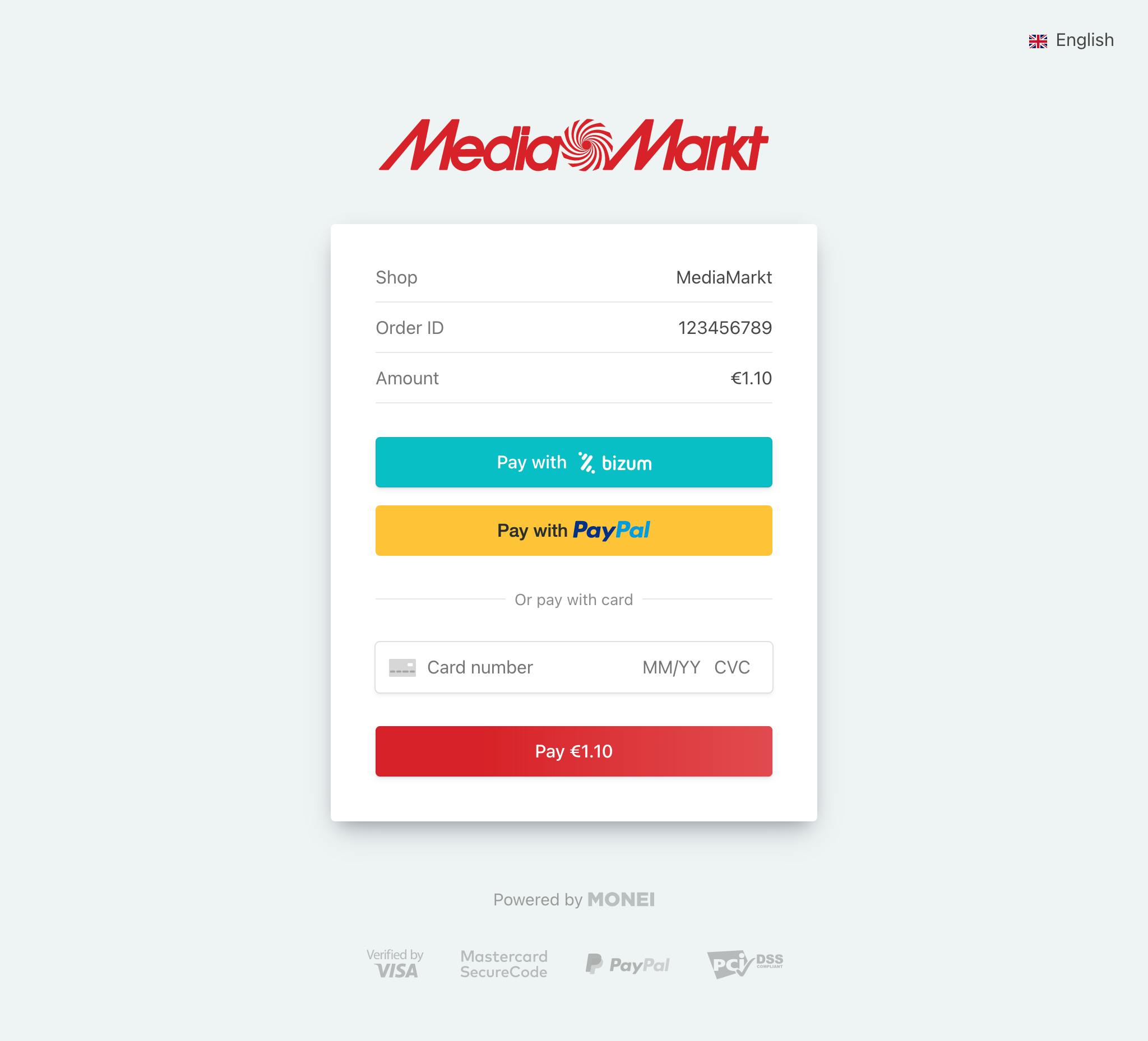 Screenshot of MONEI prebuilt payment page