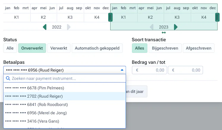 Filter-optie in Moneybird waarbij je op specifieke Moneybird Betaalpas kunt vinden