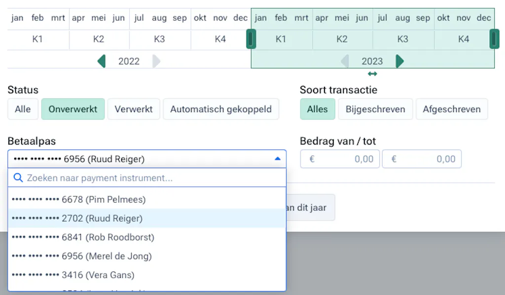 Filter-optie in Moneybird waarbij je op specifieke Moneybird Betaalpas kunt vinden
