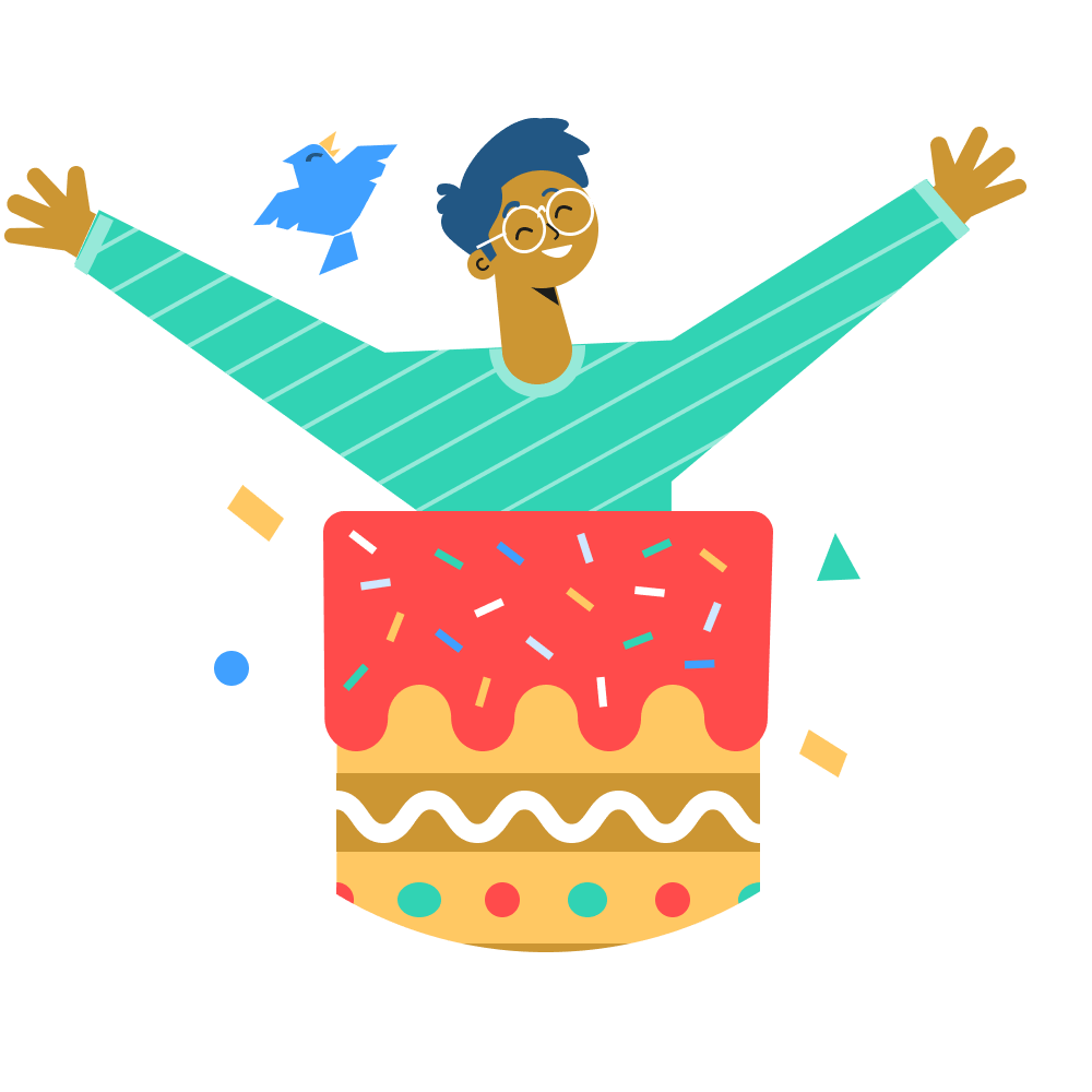 Illustratie man met blauw haar met een taart en vogeltje