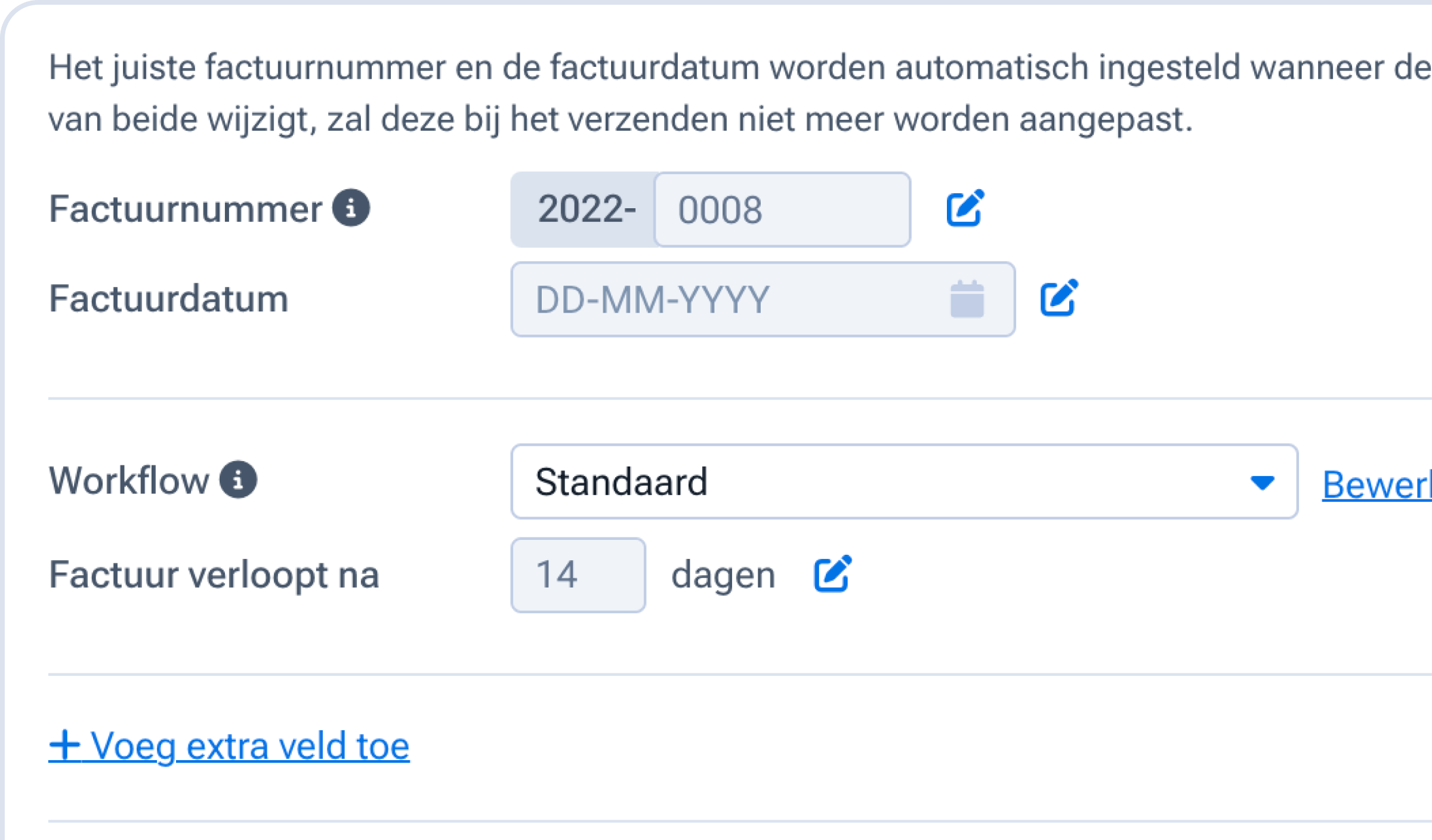 Applicatie Moneybird - Het instellen van de workflow of toevoegen van extra velden