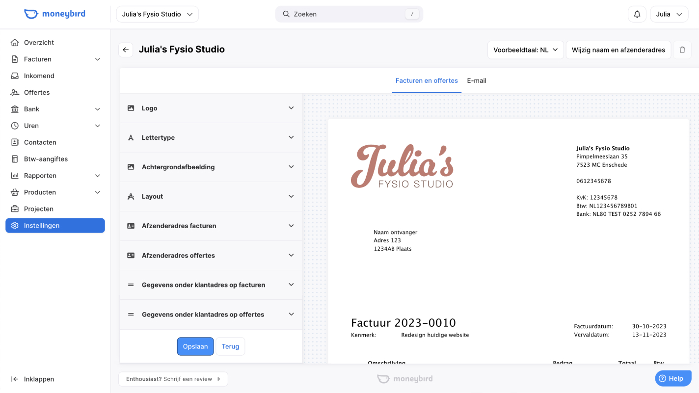 Screenshot Moneybird applicatie met scherm: Huisstijl voor factuur maken