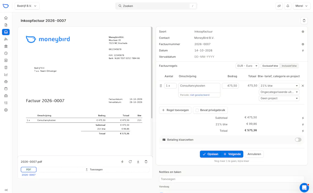 Moneybird scant het document en verwerkt deze automatisch