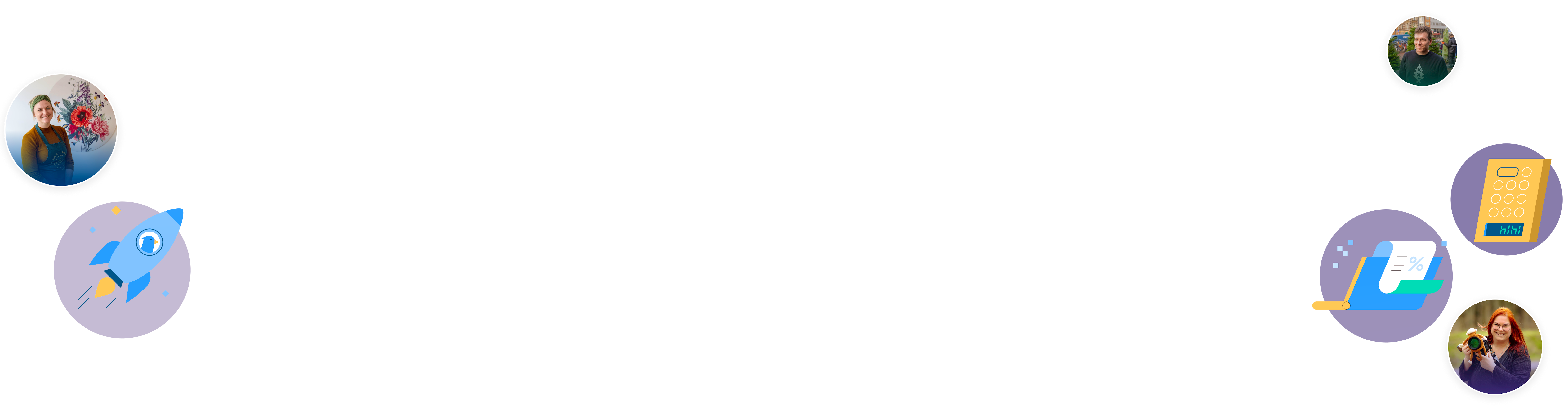 Achtergrond paarse header met bolletjes waar ondernemers en illustraties in staan