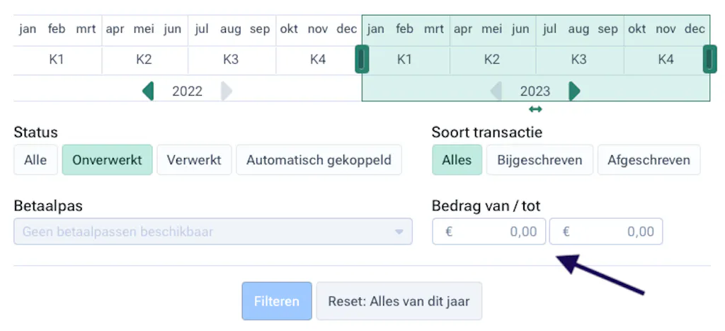 Filter-optie in Moneybird waarbij je op bedrag kunt filteren