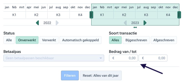 Filter-optie in Moneybird waarbij je op bedrag kunt filteren