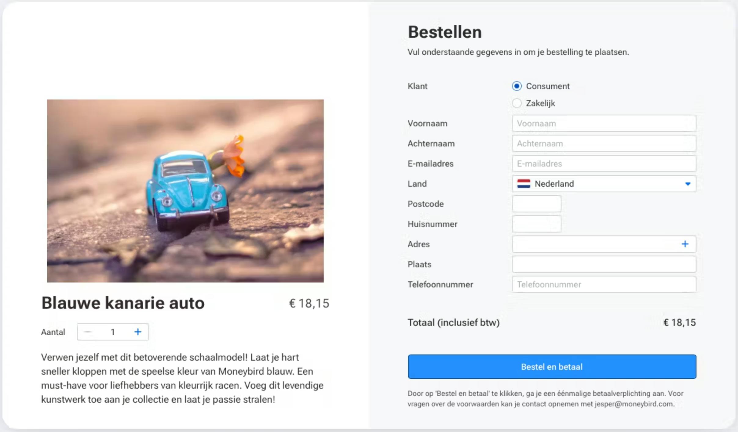 Moneybird Online Betaalmethoden blauwe kanarie auto bestelpagina productpagina