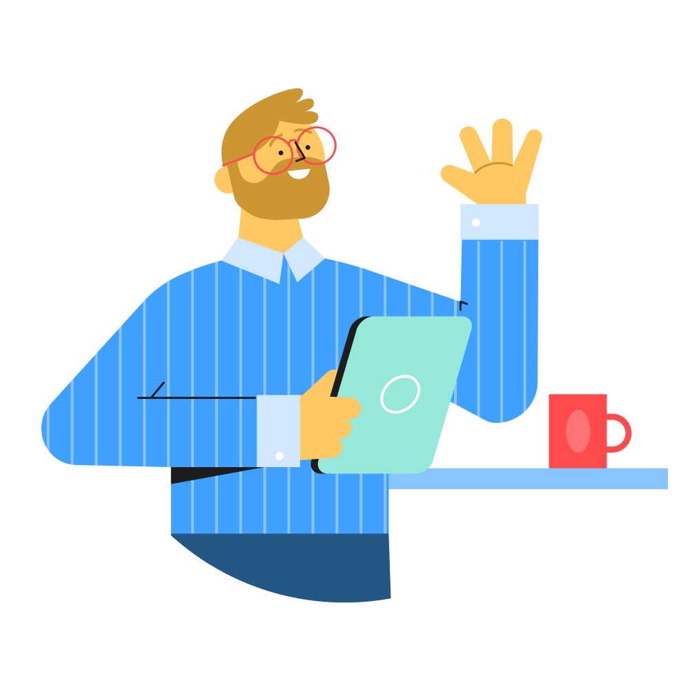 Illustratie man aan bureau met koffie en tablet zwaaiend in online meeting