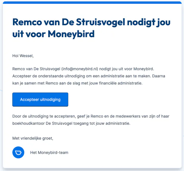 Voorbeeld uitnodiging gebruiker in 'Mijn kantoor'