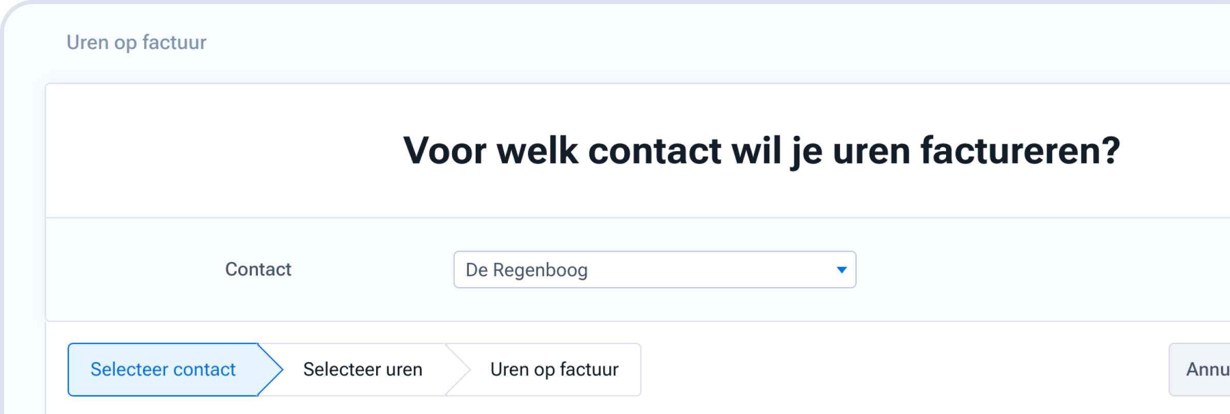 Afbeelding van pagina binnen applicatie - Selecteer een contact om uren aan te factureren