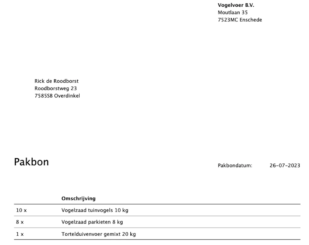 Pakbon voorbeeld