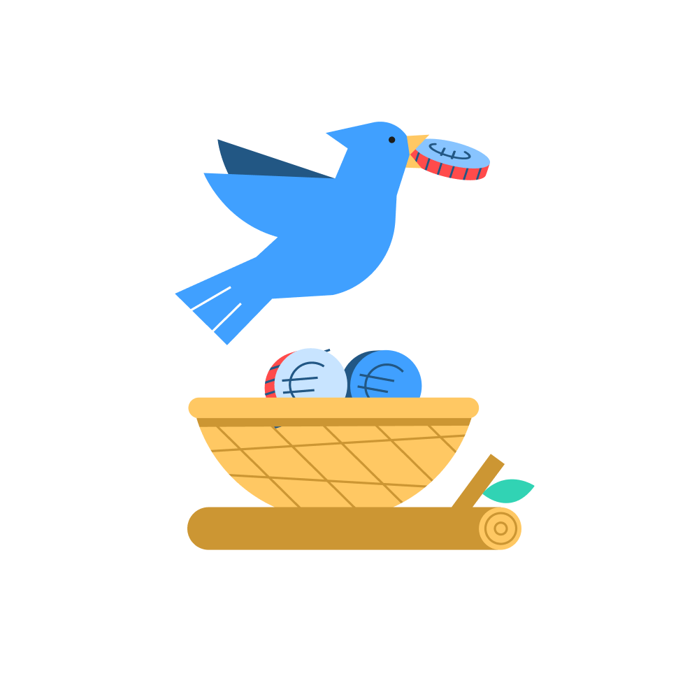 Illustratie - Vogel met muntgeld in nest
