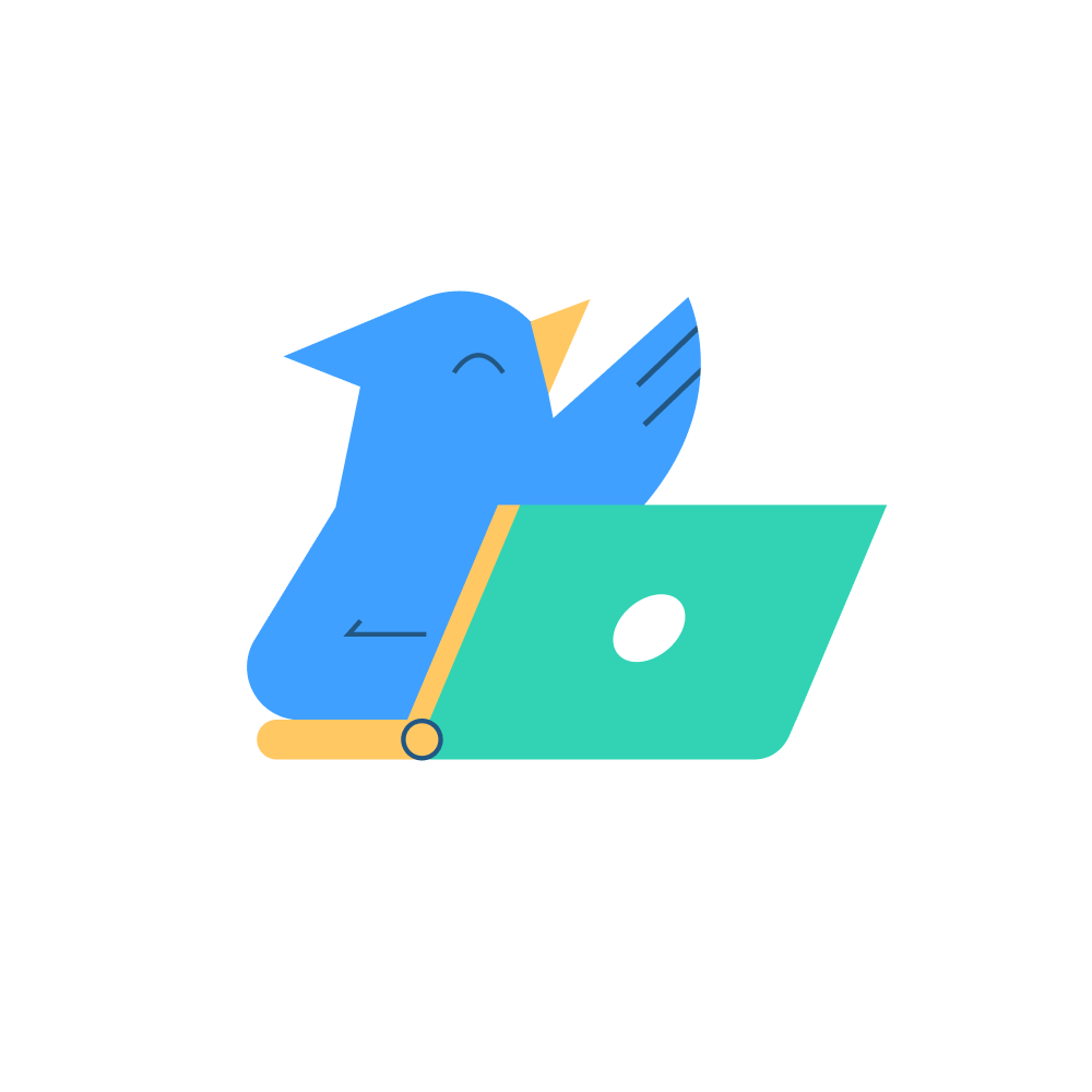 Illustratie blije vogel achter laptop met een vleugel omhoog