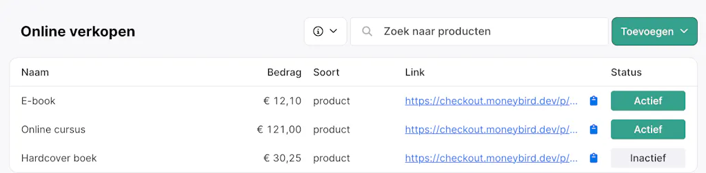 Alle producten in Moneybird op de Online verkopen pagina
