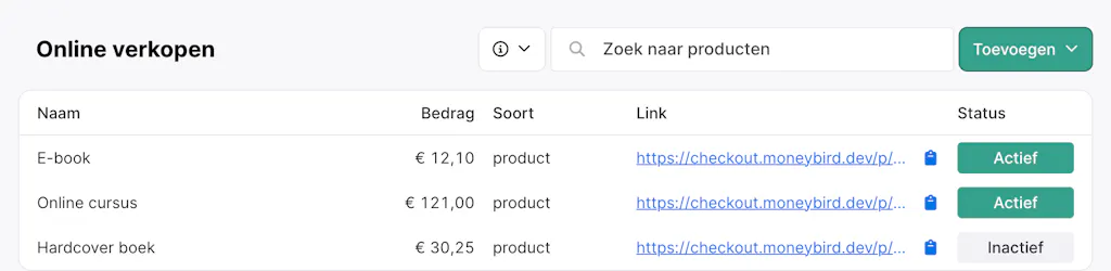 Productpagina Moneybird Online Betaalmethoden meerdere producten op een rij