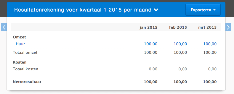Voorbeeld van de periode selectie in de resultatenrekening
