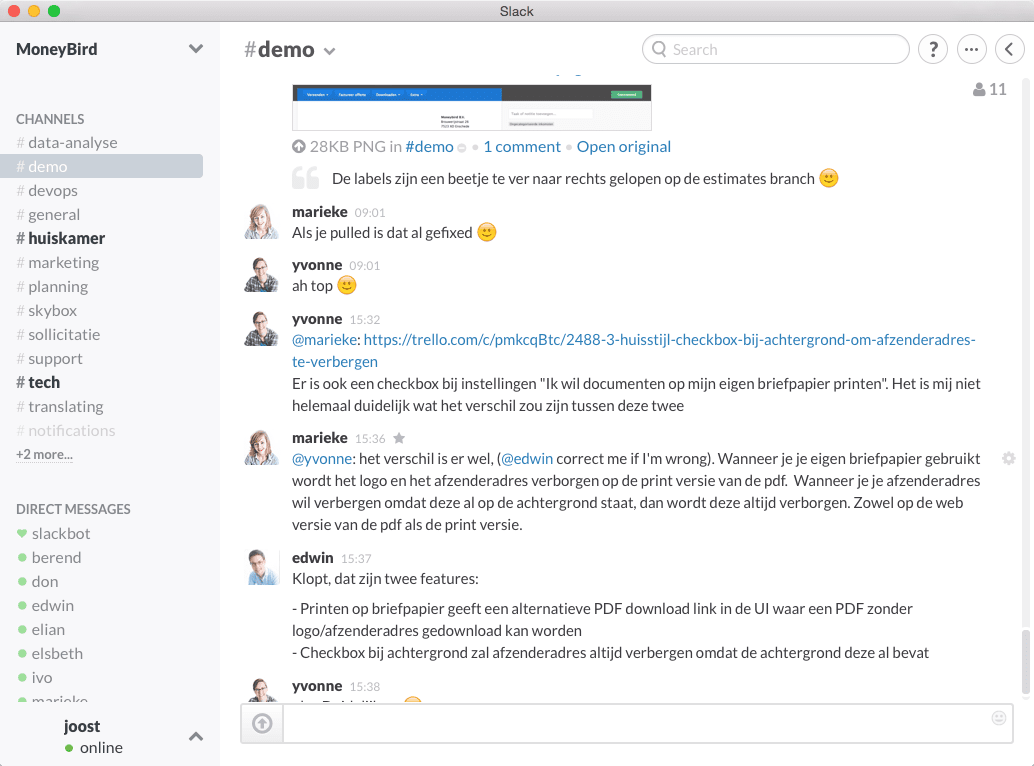 Overzicht uit slack