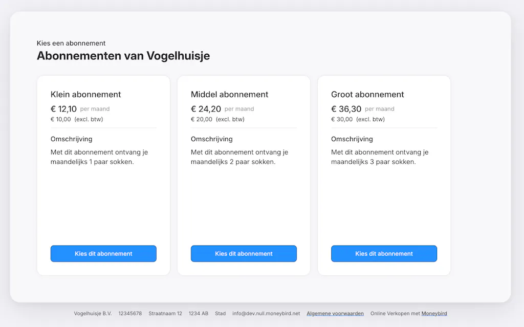 Voorbeeld van abonnementen die worden aangeboden voor klanten
