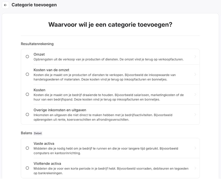 Categorieën toevoegen voor omzet, kosten of kosten van de omzet.